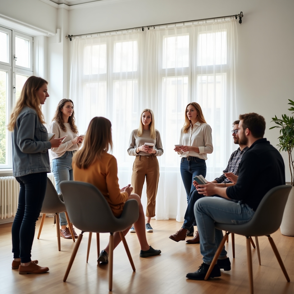 Gruppe arbeitet gemeinsam an Feedbackübungen im Workshop